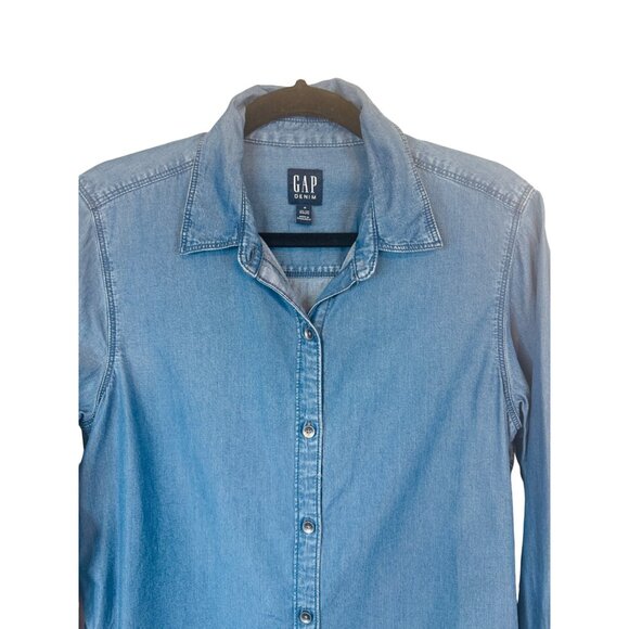 Gap Medium Denim Button-Up Dress Long Sleeve Viscose Blue - Picture 3 of 11